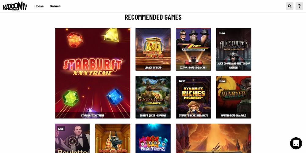 Kazoom casino game selection