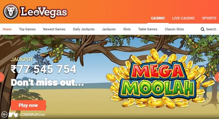LeoVegas Casino India Homepage Welcome Offer and Mega Moolah