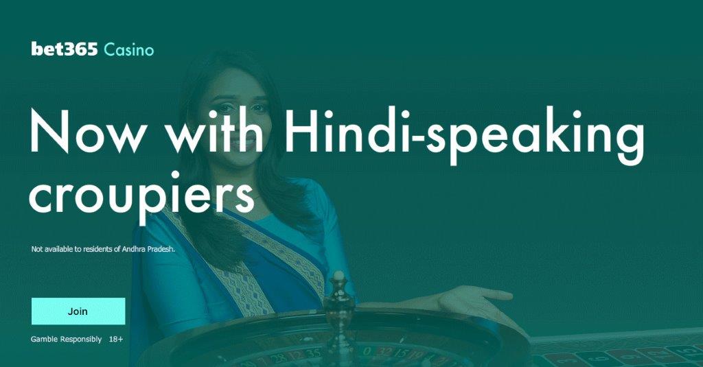 Teen Patti Image with text "Now with Hindi-speaking Croupiers" and a Live dealer in background